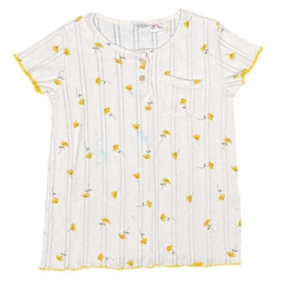 Vintage-Style Floral Henley Top, Yellow Daisy Pointelle Knit Tee, Size M